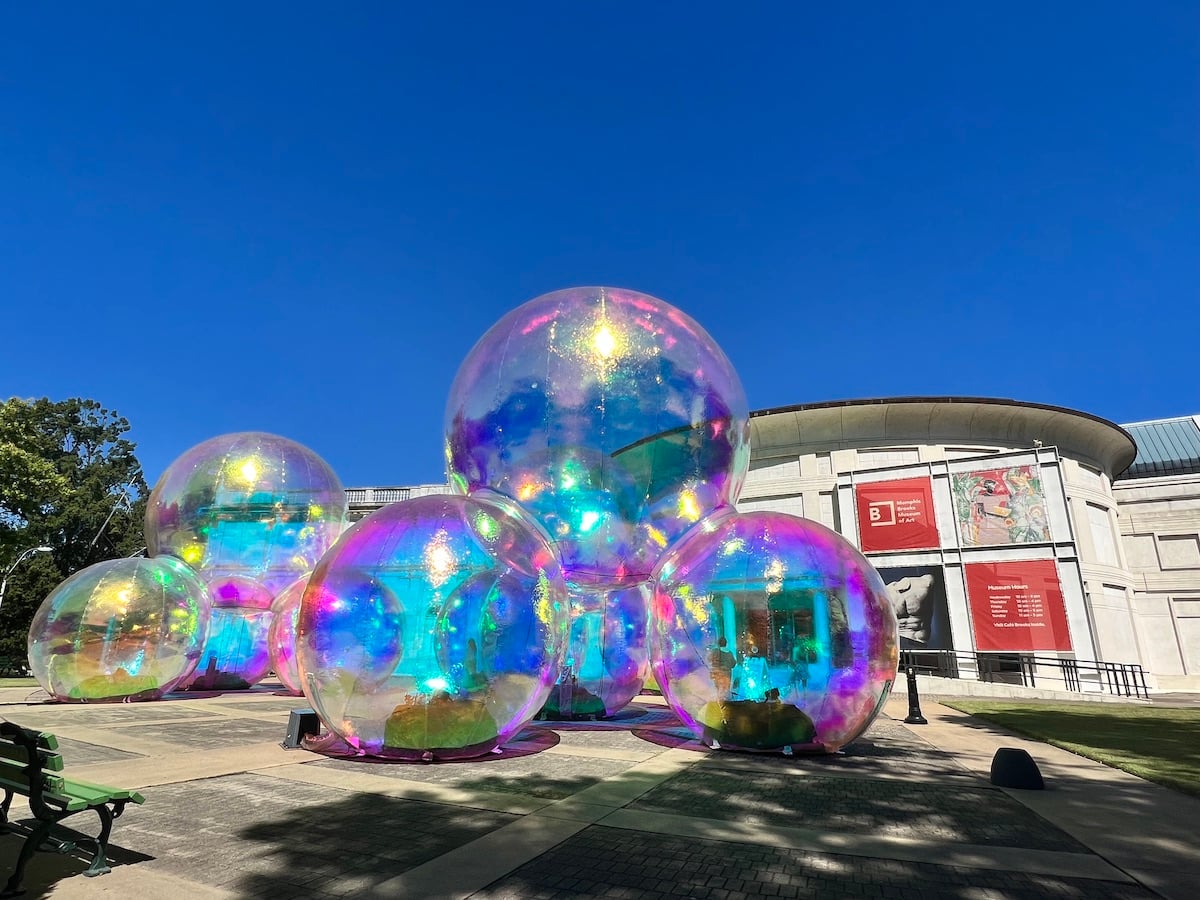 Iridescent bubble installation on the plaza outside the Memphis Brooks Museum of Art in Overton Park