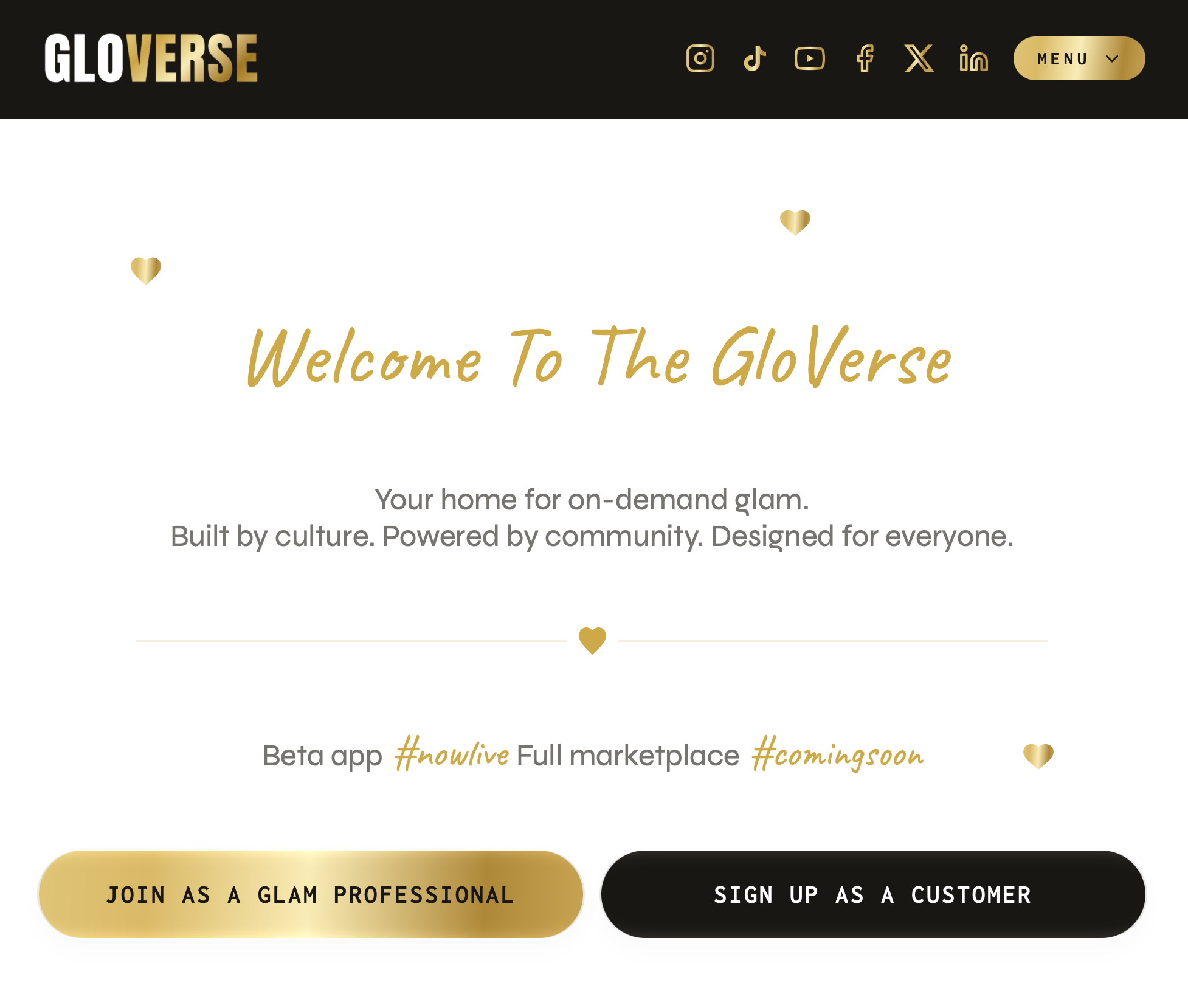 GloVerse website welcome page: Your home for on-demand glam
