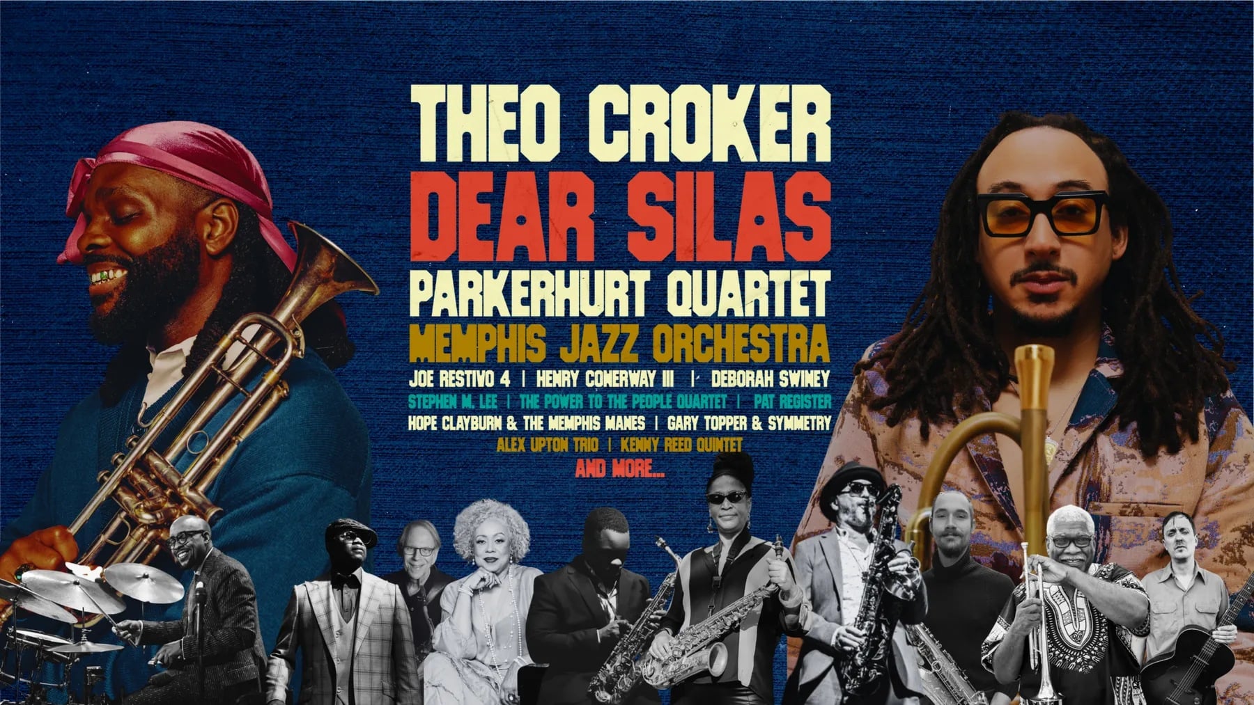 Memphis Jazz Festival 2026 lineup flyer featuring Theo Croker, Dear Silas, Parkerhurt Quartet, and the Memphis Jazz Orchestra