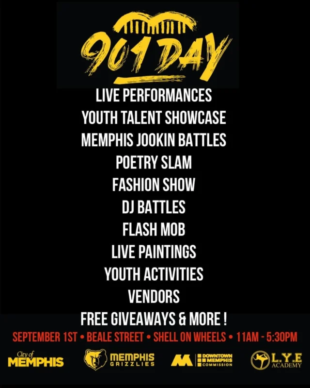 You know what time it is Memphis!!! Get ready and get hyped for 9/01 day, the day in which we celebrate Memphis Memphis Memphis and Memphis! We’re excited for the big party coming downtown put on by the City of Memphis @citymemphis , your Memphis Grizzlies @memgrizz , the Downtown Memphis Commission @downtownmemphis and L.Y.E. Academy @lye_academy ! Get ready for Jookin, music, fashion, painting, performances, vendors, and so much more, all in one downtown location and packed celebration. See you there! 
#bringyoursoul #wearememphis #901